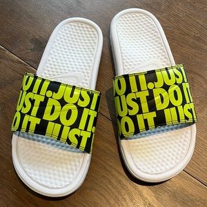 Nike black and neon green slides size 9-9.5